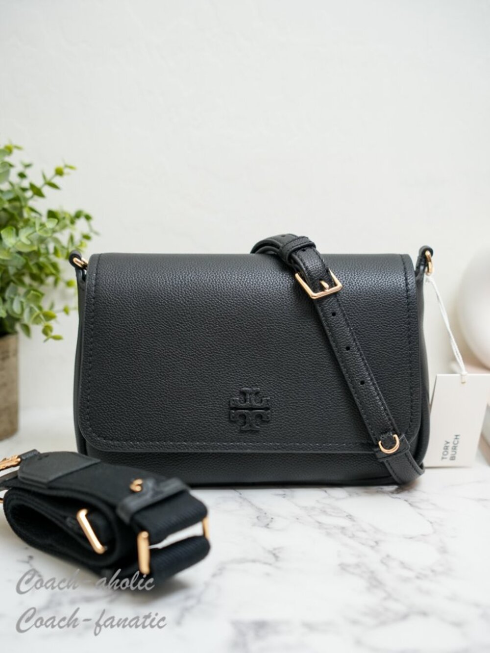 Tory Burch Thea Pebbled Leather Flap Crossbody Shoulder Bag in Black NWT
